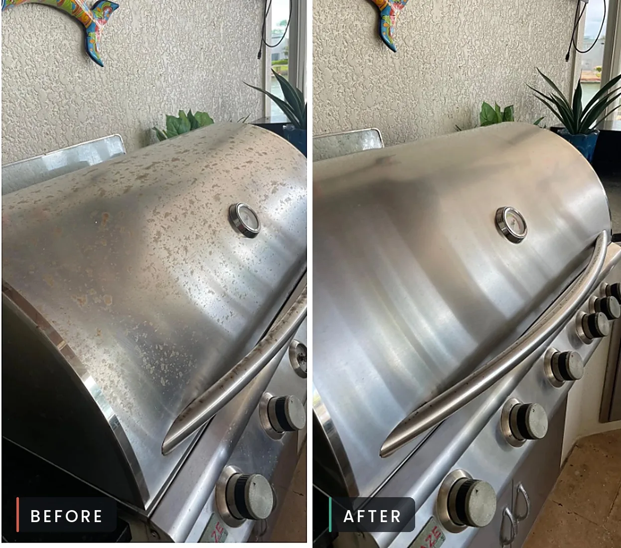 Before and after of a stainless steel BBQ grill polished by Sunbrite Cleaning LLC