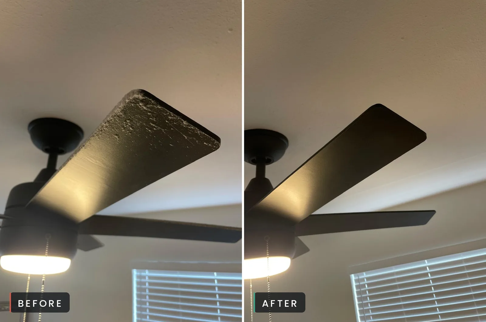 Before and after of dusty ceiling fan blades cleaned by Sunbrite Cleaning LLC