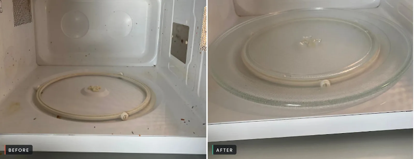 Before and after of a microwave interior cleaned by Sunbrite Cleaning LLC