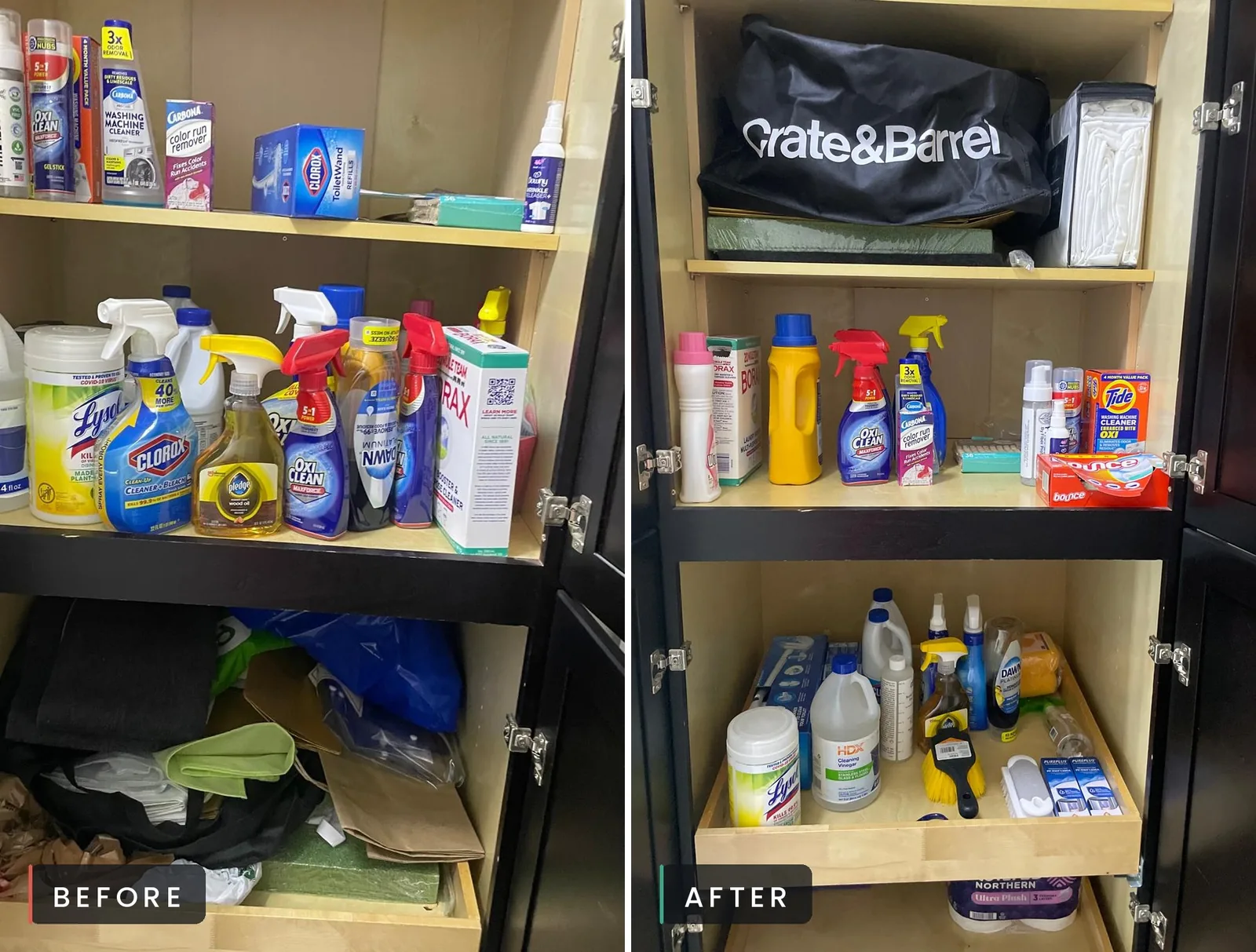 Before and after of a cleaning supply cabinet organized by Sunbrite Cleaning LLC