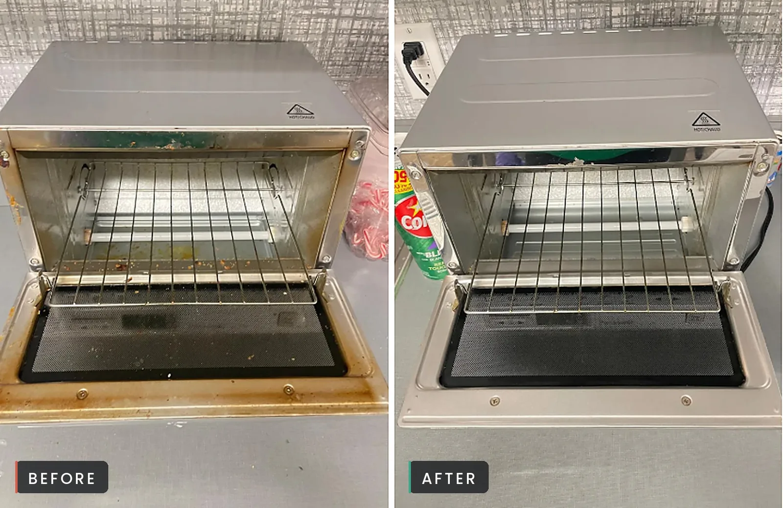 Before and after of a toaster oven degreased by Sunbrite Cleaning LLC